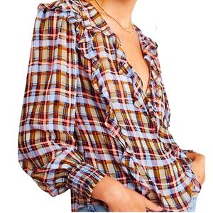 Maeve by Anthropologie Laila Ruffle V-Neck Wrap Front Plaid Blouse, Size 8